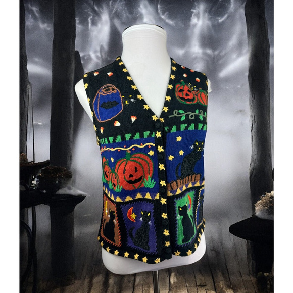 Hampshire Studio BOO! Halloween Sweater Vest Embroidered Pumpkin Black Cat M - Picture 15 of 15